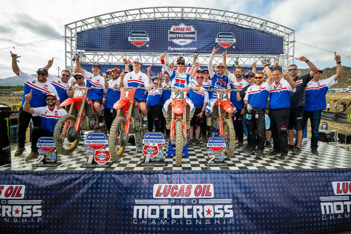Team <a href="/HondaRacingCRF/">Honda Racing CRF</a> riders were perfect at Fox Raceway’s opening round of AMA Pro Motocross  sweeping the top two positions in both 450 motos and both 250 motos. Chase Sexton + Jett Lawrence won the two classes, while Ken Roczen + Hunter Lawrence each notched second-places.