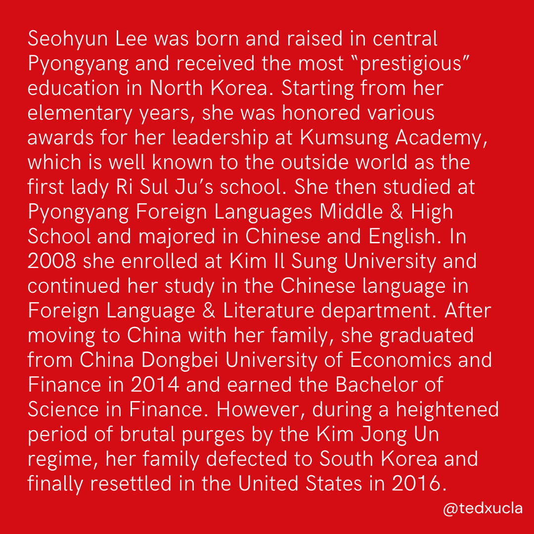 TEDxUCLA's tweet photo. Odds are, you haven't met someone from North Korea. Seohyun Lee grew up there. At our 2022 conference, she'll be sharing what it's like adjusting to new information and realities now that she lives in the United States. https://t.co/GFDosETTAm