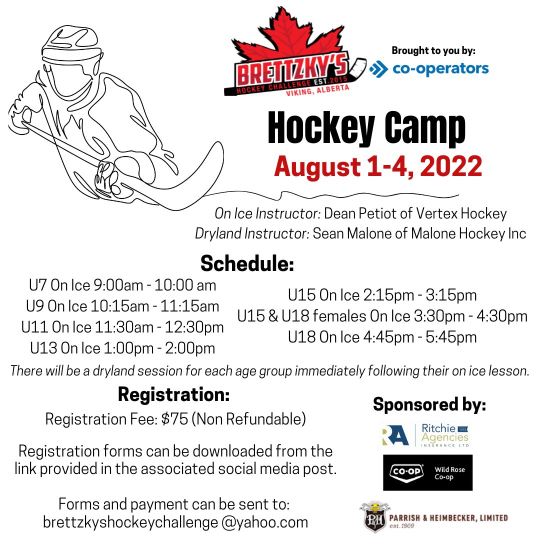 Announcing our Hockey Camp for 2022. - Use the link below to get the registration form. viking.ca/m/brettzky-s-h…