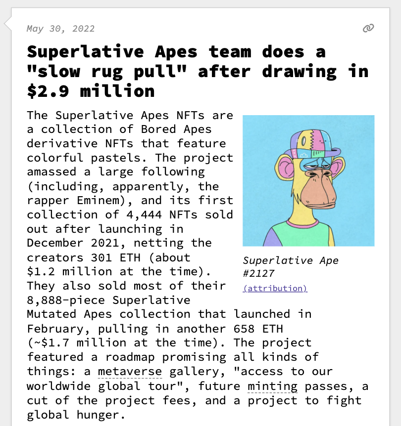 web3isgreat's tweet photo. Superlative Apes team does a "slow rug pull" after drawing in $2.9 million

May 30, 2022
https://t.co/wxFfKFbCtu https://t.co/QPIPrgqJxj