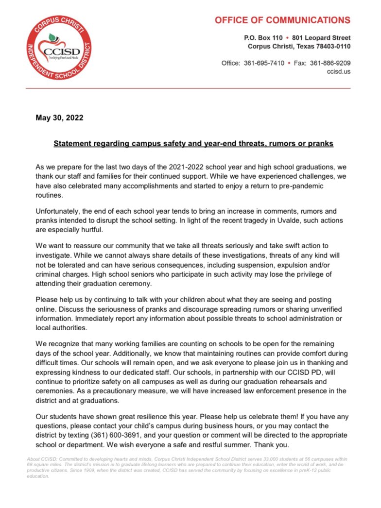 Thank you for helping us support our staff, students and families as we approach the end of the school year.