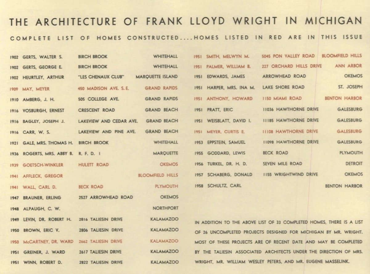 JoshLipnik's tweet photo. handy list of Frank Lloyd Wright houses in Michigan https://t.co/k4lcLmPdyA