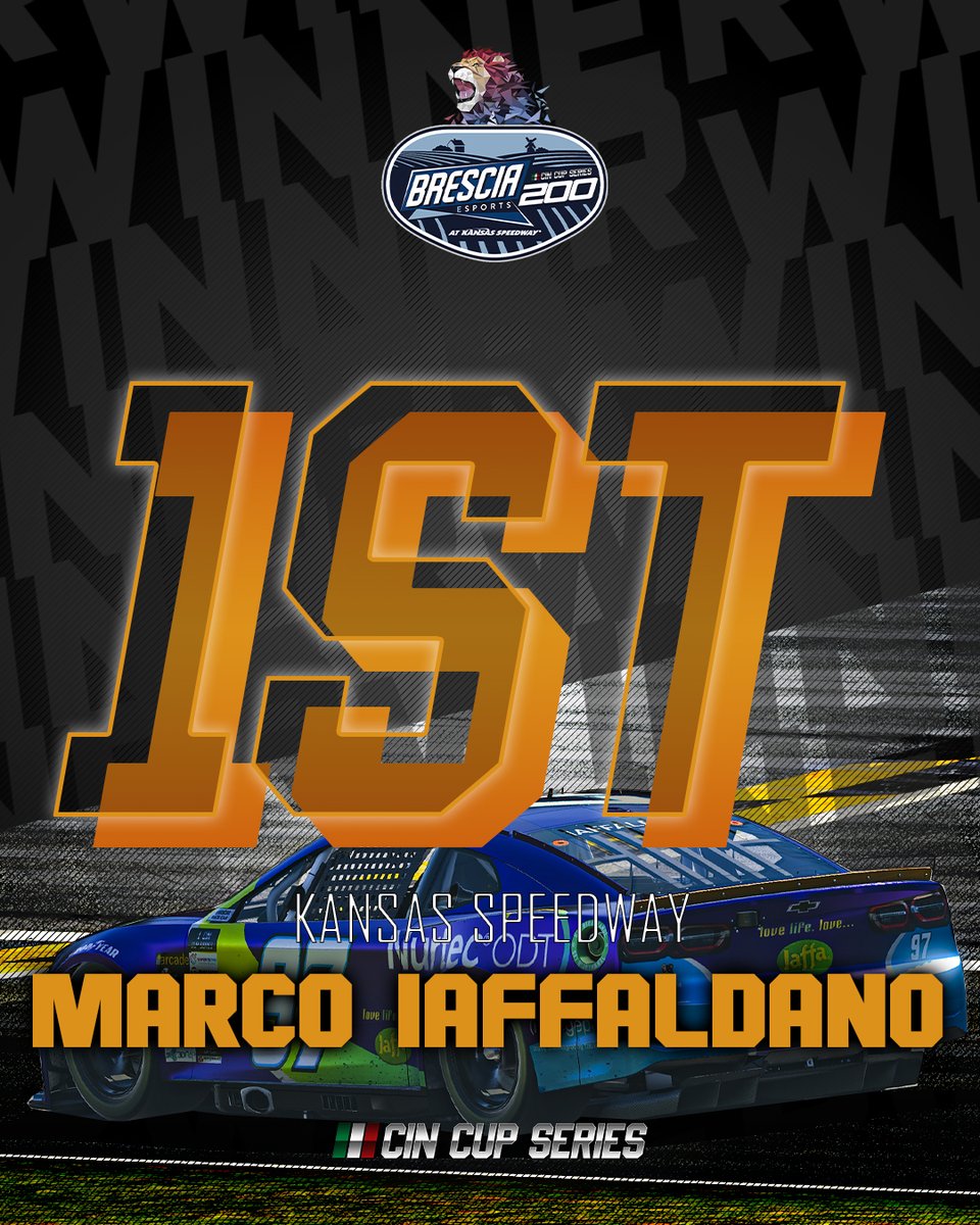 <a href="/MarcoIaffa/">Marco Iaffaldano</a> del EI Team torna a vincere e lo fa nella <a href="/Brescia_eSports/">Brescia eSports</a> <a href="/kansasspeedway/">Kansas Speedway</a> 200 aggiudicandosi gara 2 del round of 8 dei #playoffs. Prossimo appuntamento il 13 giugno con la BK lab <a href="/MartinsvilleSwy/">Martinsville Speedway</a> 250 che decreterà i 4 finalisti del CIN Cup Series 21/22!

#CIN