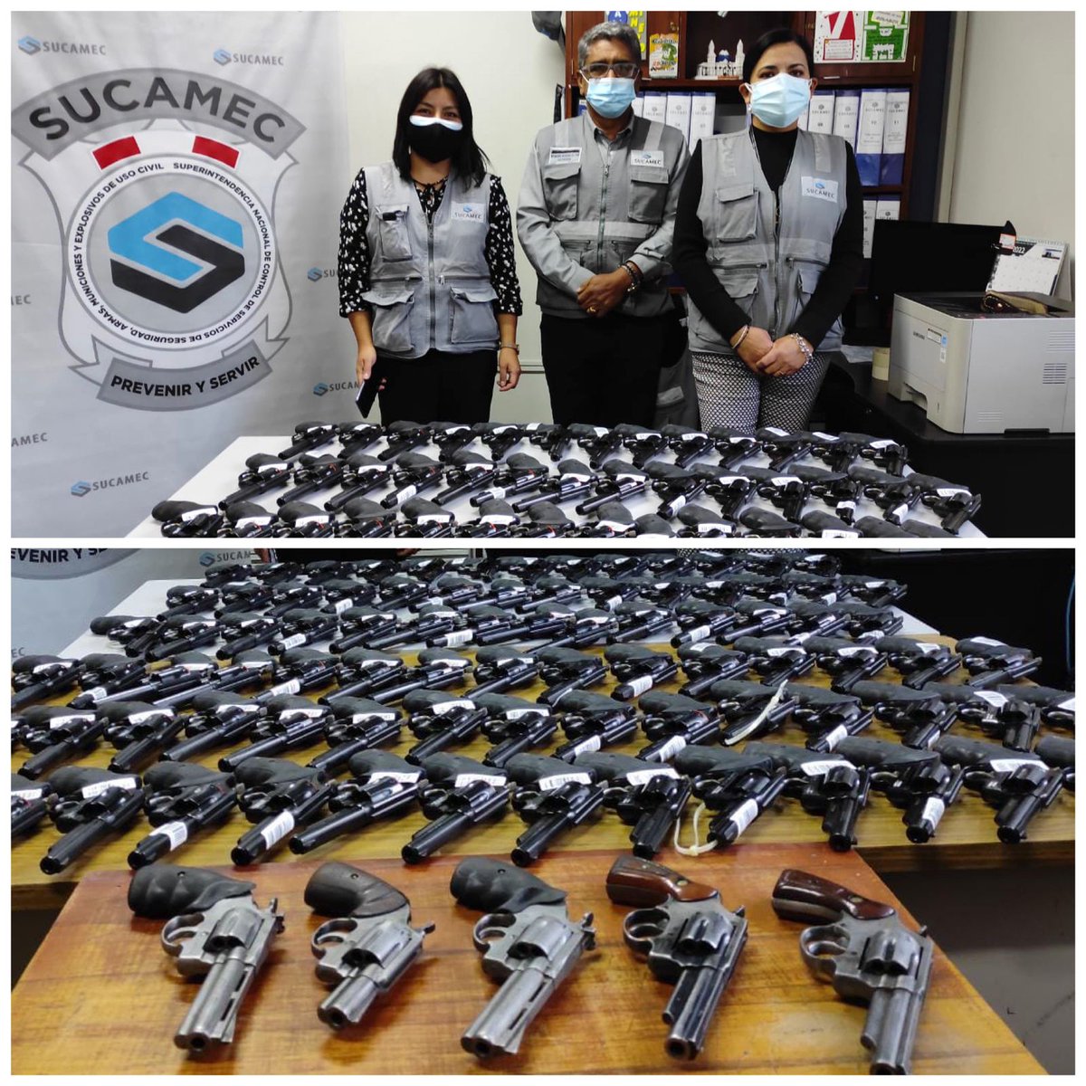 SucamecPeru's tweet photo. 📍#Arequipa | @SucamecPeru incautó 91 revólveres a dos empresas de seguridad privada que no cumplían las medidas de seguridad que establece el Decreto Supremo N.º 005-2014-IN. Las armas se encuentran custodiadas en nuestros almacenes. 
#PrevenirYServir https://t.co/jsigU5qDch