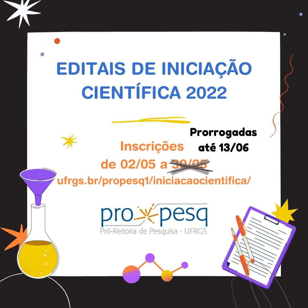 📝 Programa de Iniciação Científica 2022 tem inscrições prorrogadas até 13 de junho

Saiba mais: ufrgs.br/propesq1/prope…