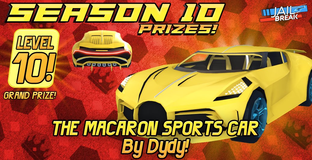 badimo's tweet photo. [3/3] Finally...

💰 Level 10: The MACARON by @DydyWasTaken! This sports car has an active spoiler and gets a lot of attention!
🤩 Top 2% of players can win the Red Carpet Vehicle Skin by @_ShadowSamurai! 

🔥 Season 10 drops this weekend! 
More news tomorrow!
#Roblox #Jailbreak https://t.co/qQARTuwYPQ
