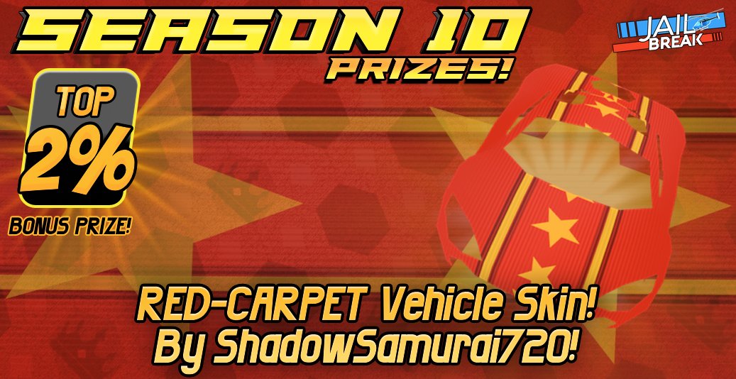 badimo's tweet photo. [3/3] Finally...

💰 Level 10: The MACARON by @DydyWasTaken! This sports car has an active spoiler and gets a lot of attention!
🤩 Top 2% of players can win the Red Carpet Vehicle Skin by @_ShadowSamurai! 

🔥 Season 10 drops this weekend! 
More news tomorrow!
#Roblox #Jailbreak https://t.co/qQARTuwYPQ