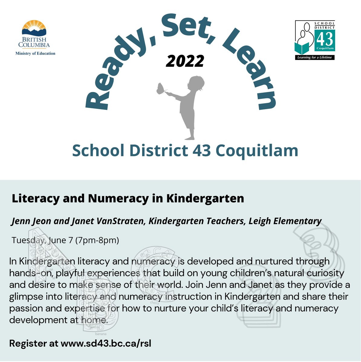 sd43bc's tweet photo. 💯Join SD43 teachers Jenn and Janet as they provide a glimpse into what literacy and numeracy instruction looks like in Kindergarten. Learn ways how to develop these important skills at home! RSVP and attend the Ready, Set, Learn Parent Series👉 https://t.co/PErpsE2sHQ https://t.co/El8UgeOMQu
