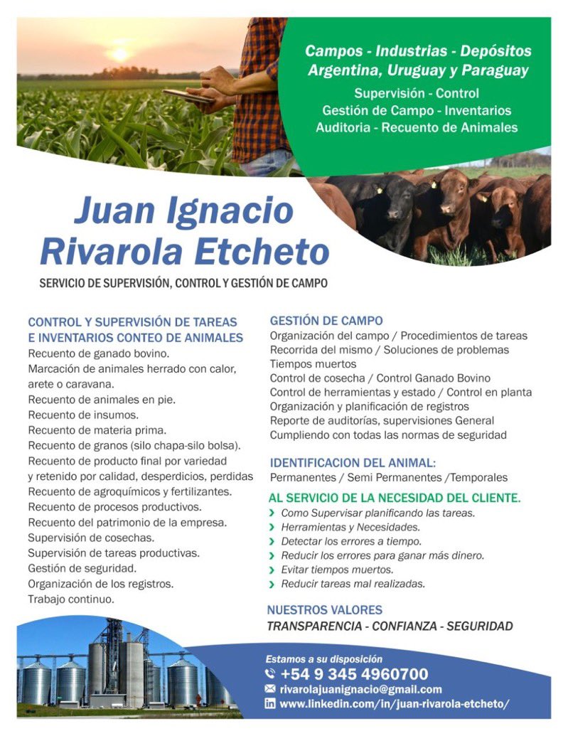 Comparto por si alguien necesita servicios de supervisión, control y gestión de campo!
#campo #ganaderia #auditoria
#agronomia