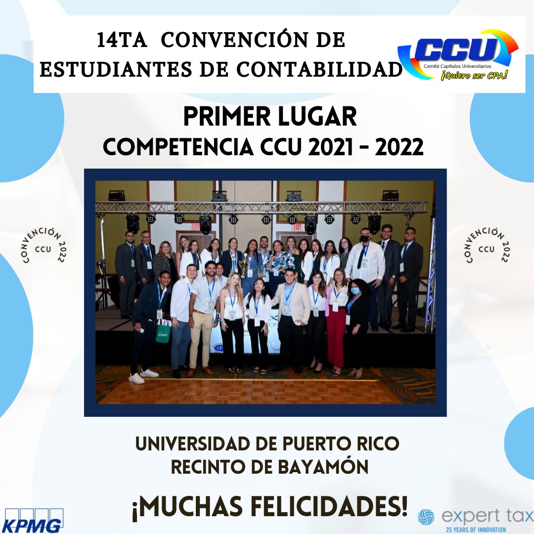 CCUCCPAPR's tweet photo. ¡Saludos, Futuros CPA’s!

Queremos felicitar a la Universidad de Puerto Rico, Recinto de Bayamón por obtener el Primer Lugar en la Competencia General de Capítulos durante el Año Académico 2021-2022. 

¡Felicidades ASEC UPRB!🥇 https://t.co/7HRAbzvZQq