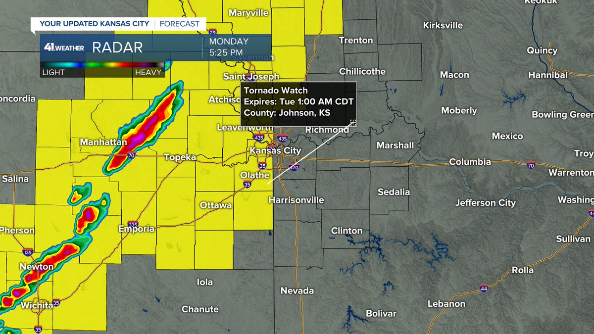 glezak's tweet photo. This is the first Tornado Watch in over 3-years in Johnson and Wyandotte counties.  This is in effect until 1 AM.  A Tornado Watch means conditinos are favorable for severe thunderstorms.  And, we will monitor these closely for any possible warning. https://t.co/4uORRNEyip
