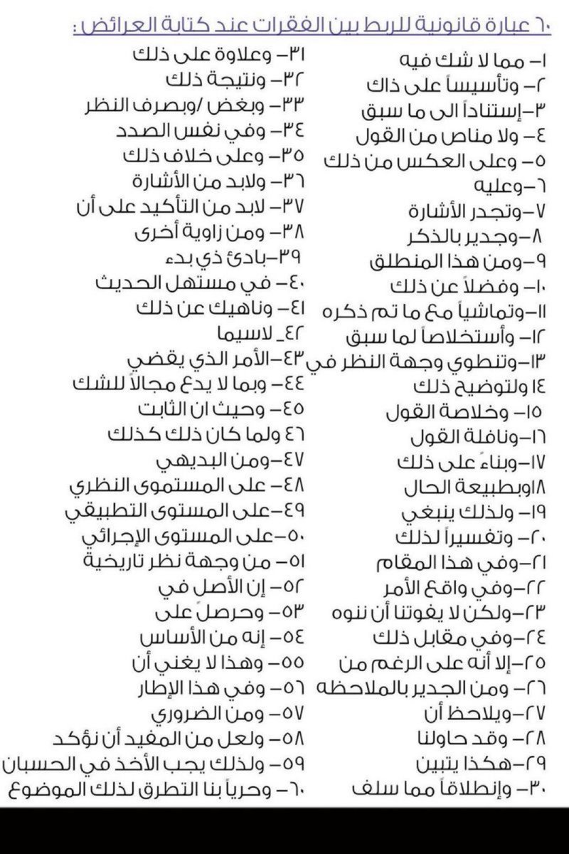 (60) عبارة قانونية مهمة تفيد للربط بين الفقرات عند صياغة اللوائح القانونية.