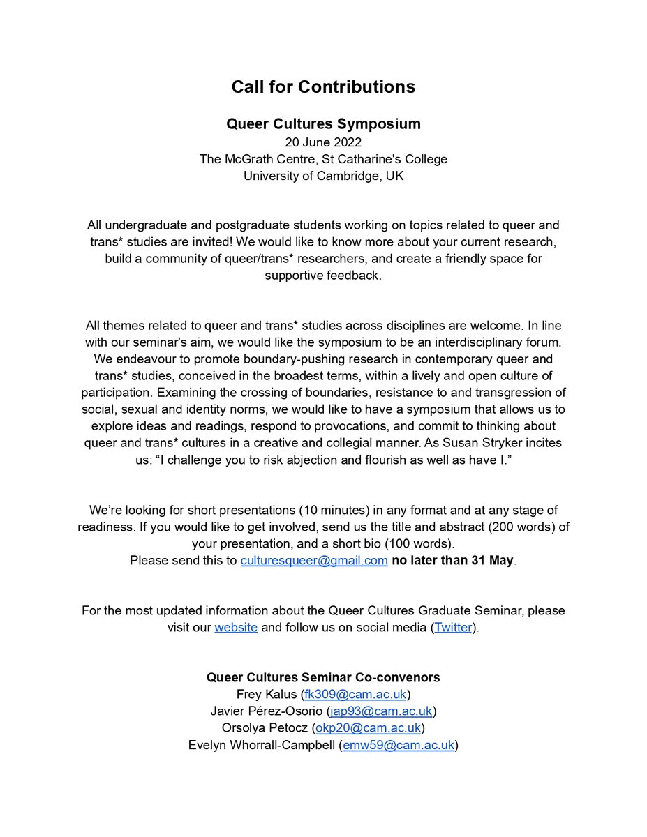 ⚡️🏳️‍🌈🏳️‍⚧️
We want to hear from you!

Today is the last day to send your contributions to our Queer Cultures symposium. 

Also, we are very excited to confirm that <a href="/isaiasfanlo/">Isaias Fanlo</a> will be the keynote speaker!

Come and join us in our last event of this academic year.