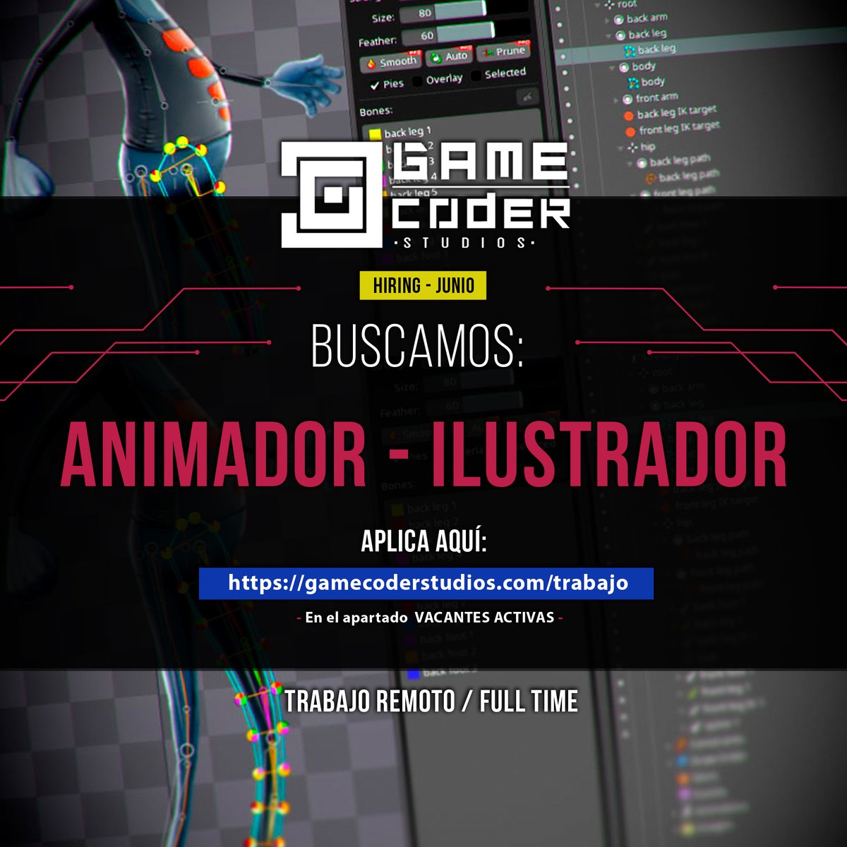 GameCoder_Team's tweet photo. Buscamos creativo(a) Animador(a) &amp; Ilustrador(a), que se encargue de la animación de diferentes personajes y objetos...

■ Animador(a) &amp; Ilustrador(a) - Vacante Activa - Junio - 2022.

https://t.co/2TONkNKwK9

#GCSJobs #2DArtist #Animation #CutOut #spine2d #AfterEffects #Props https://t.co/wmz1OYhTki
