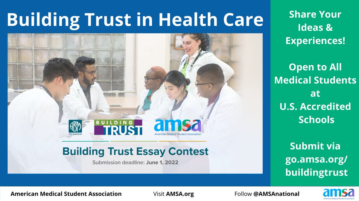 Building trust in medicine is key! Share your stories &amp; ideas with <a href="/AMSANational/">American Medical Student Association (AMSA)</a> &amp; <a href="/ABIMFoundation/">ABIM Foundation</a>.

Winning essays will be published. Submit by June 1 go.amsa.org/buildingtrust

#BuildingTrust  #MedEd #MedStudentTwitter #Medtwitter #MedStudents #futuredoc