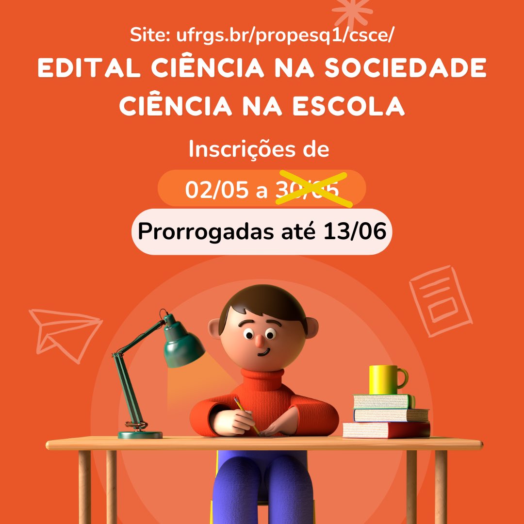 📝 Programa Ciência na Sociedade Ciência na Escola 2022 tem inscrições prorrogadas até 13 de junho

Saiba mais: ufrgs.br/propesq1/prope…