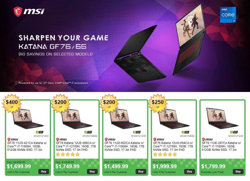 MemoryExpress's tweet photo. 🔥🔥🔥Save up to $500 on selected @MSICanada Katana GF76 & 66 laptops: https://t.co/uPnOxYzB7N
For a limited time only, while supplies last!
#MemoryExpress #MSI https://t.co/WuTsnFa1mG