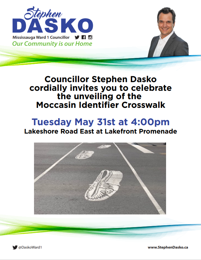 The #Mississauga community is invited to attend the official unveiling of the #MoccasinIdentifier Crosswalk 
on Tuesday, May 31, 2022 at 4:00 p.m.