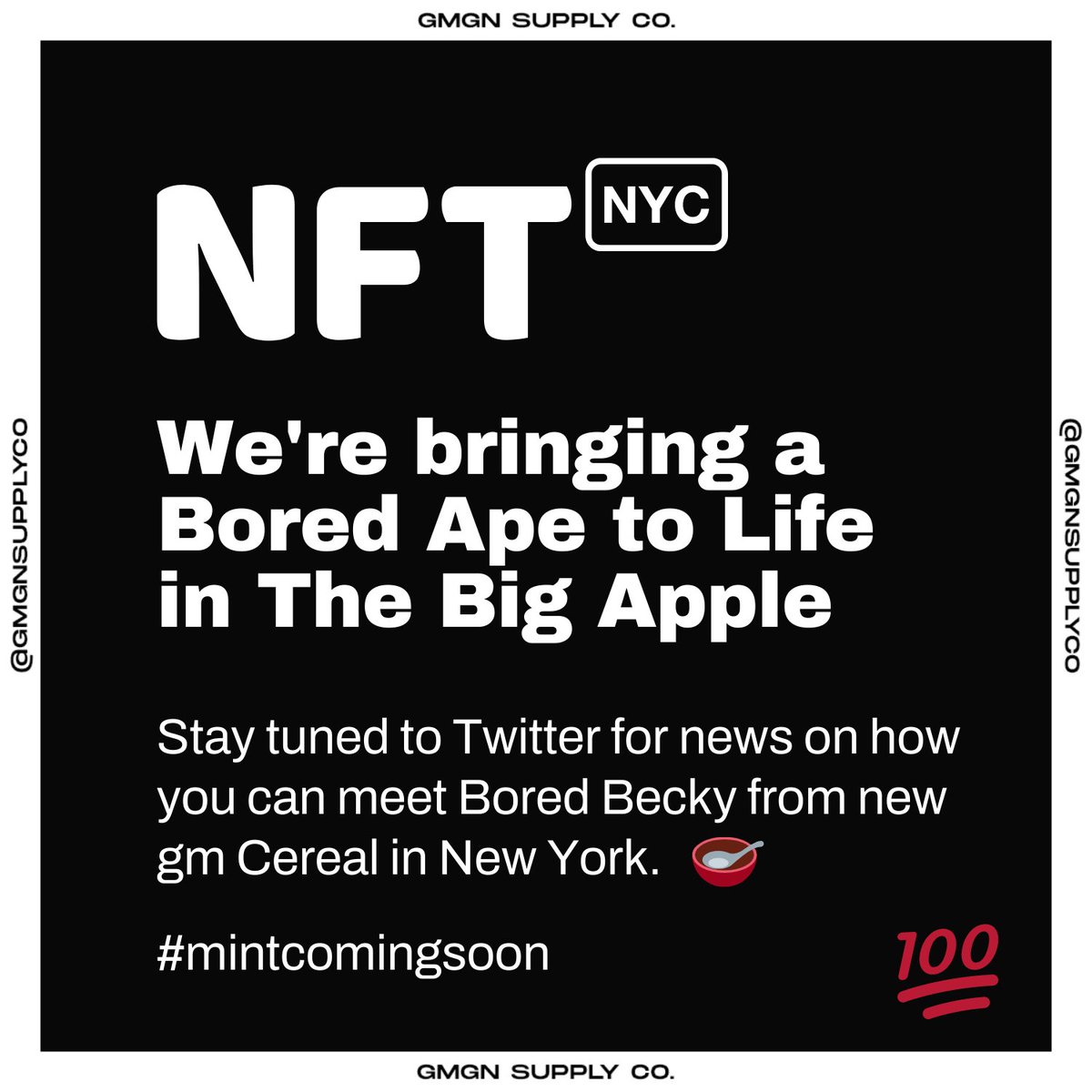 gmgnsupplyco's tweet photo. Will we be seeing you at @nft_nyc? 

A living, breathing @iamboredbecky is hitting the road again with our team in New York during NFT NYC. 🥳

Let's meet up. ✌🏻

#nftnyc #dao #nfts #BAYC https://t.co/dAZrj2cl1s