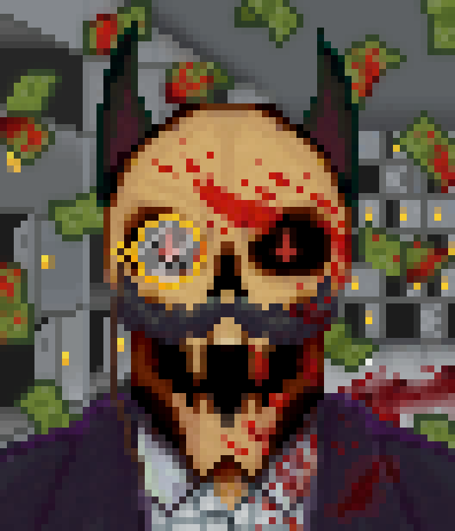 Swordsy's tweet photo. So this event is long over but it inspired me to make a custom pixel skull just for fun! I wanted to for a while but just never had the time. I hope you all enjoy my fanmade bank heist-themed pixel skull of my fav project: @SkullxNFT
#skullx #skullxnft #pixelskull https://t.co/ijigbpZmOi