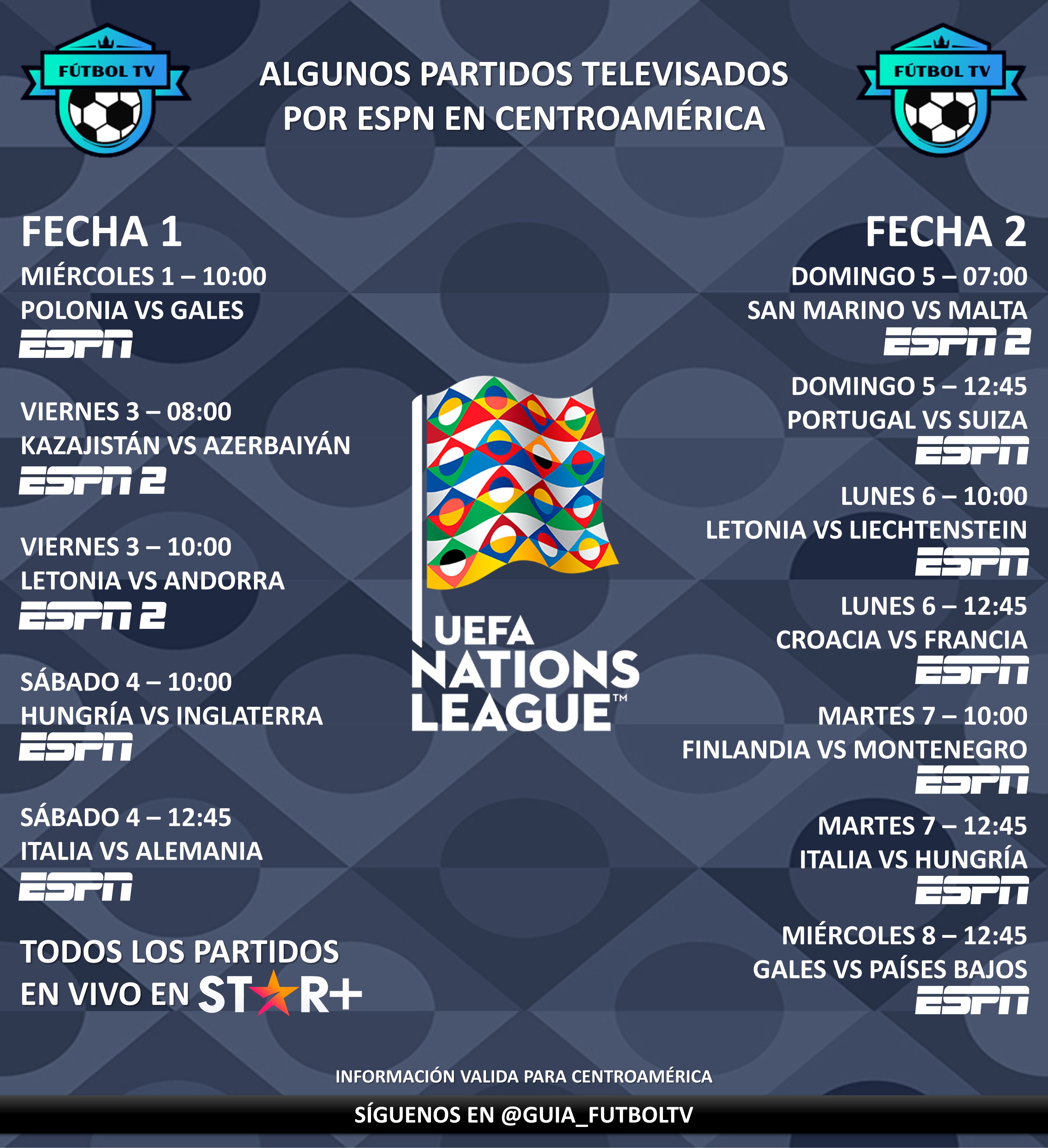 LaGuíaDelMundial 🇶🇦 on Twitter: presentamos algunos partidos televisados de la UEFA Nations League (Fechas 1 y 2) por ESPN en Centroamérica. Recordemos que todos los partidos estarán disponibles en @StarPlusLA (algunos