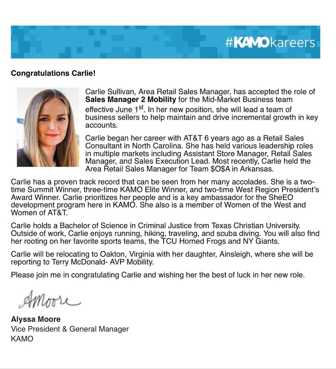 carlieasullivan's tweet photo. Thankful to Team SOSA for the last 18 incredible months &amp; all the incredible leaders in KAMO I have been blessed to work for &amp; with the last 3 years! My 💙 is #foreverKAMO! @KAMOkonnects @tj5889 @AlyssaMoore_12

Excited for this next chapter with AT&amp;T! Virginia, here we come!🏡 https://t.co/I86wj6TzQ2