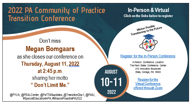 pattanupdates's tweet photo. Registration is open for the 2022 PA Community of Practice Transition Conference. Click here to register and view the brochure. 
https://t.co/QitwEu4WBz https://t.co/lz56EKCKkJ