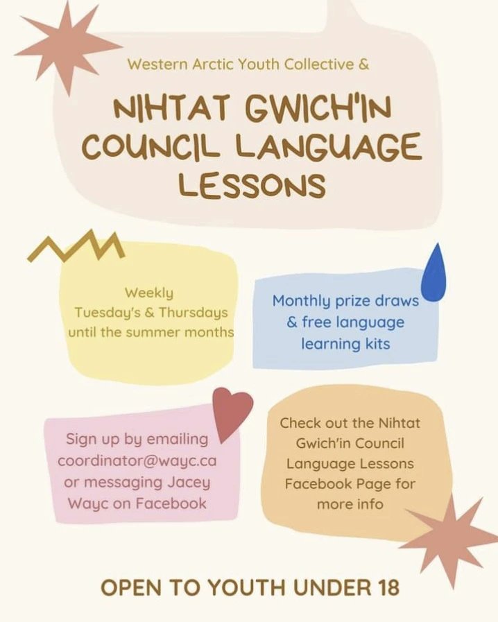 💫 Gwich'in Family Language Learning Kits &amp; Youth Gwich'in Language Lessons 💫

Please contact Jacey Wayc on Facebook or at coordinator@wayc.ca to sign up 

Mahsi cho Nihtat Gwich'in Council #waycwayc