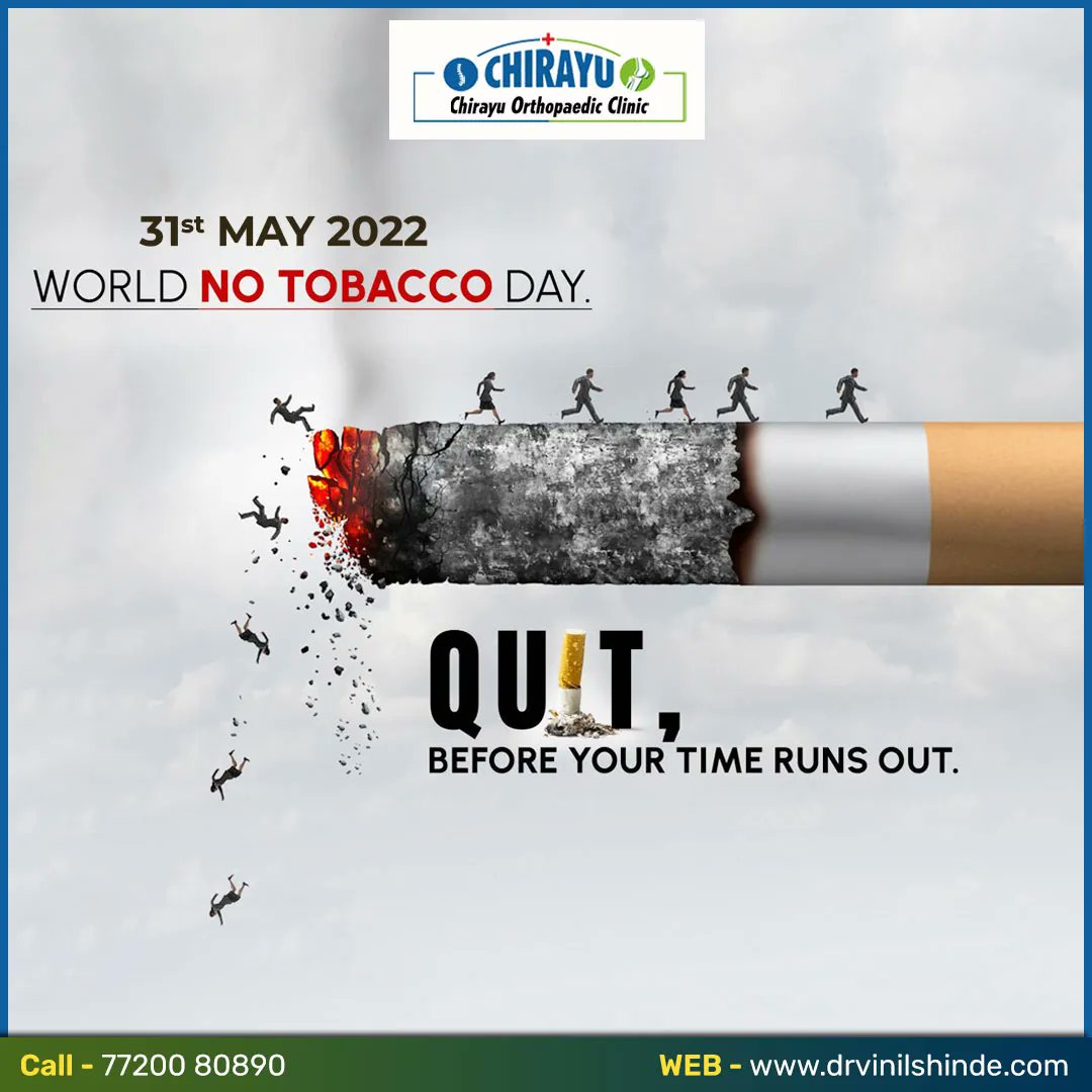 On the occasion of World No Tobacco Day, let us make everyone aware of the harmful effects of tobacco.
Happy No Tabacco Day!
#WorldNoTobaccoDay #worldnotabaccoday2022 #quitsmoking #notobacco #cigarette #nosmokingday #drvinilshinde #chirayuorthopedicclinic #pune #kothrud #Bavdhan