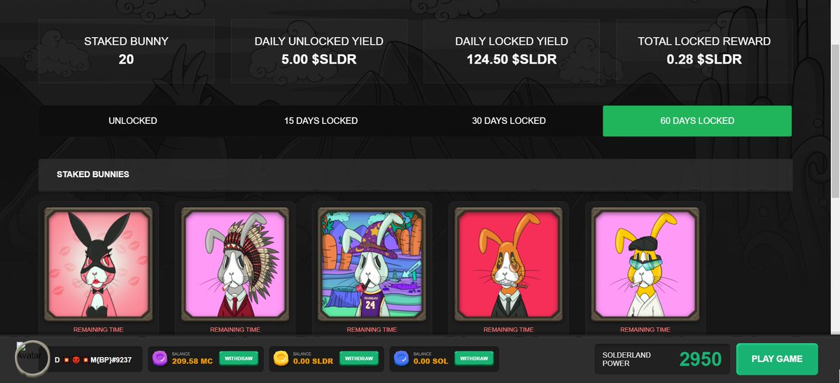 Ohh <a href="/Solderland/">SOLDERLAND 🐰 🦫</a> new staking and UI is awesome. Bunnies in for the long haul.. That PlayBoyBunny though.. 🐰🧪
Not a bad passive. Floor is 0.87 
Apparently some of ya are looking for a passive play. Check it out yo.
#SolanaNFT #passivestaking #p2e #clanwarsS2soon #rankedrewards