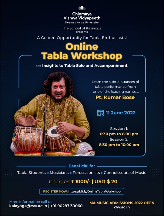 CVV_CNBG's tweet photo. A Golden Opportunity for Tabla Enthusiasts!

Learn the subtle nuances of tabla performance from 
one of the biggest names in the field - Pt. Kumar Bose.

Date: 11 June
Time: 6:30 PM

Click to register - https://t.co/zkA9SpHSpd

#Workshop #Tabla #Music #KumarBose https://t.co/Tx4RypQRZi