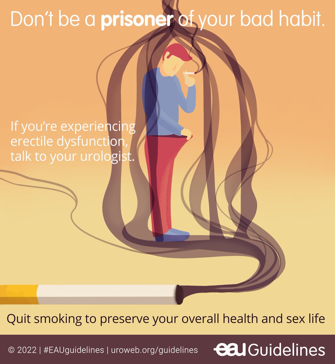Cigarette smoking can lead to cardiovascular dysfunction and is an independent risk factor for #ErectileDysfunction. There is a positive dose-response association between quantity and duration of smoking.

See the #EAUGuidelines this #worldnotobaccoday 👉uroweb.org/guidelines/sex…
