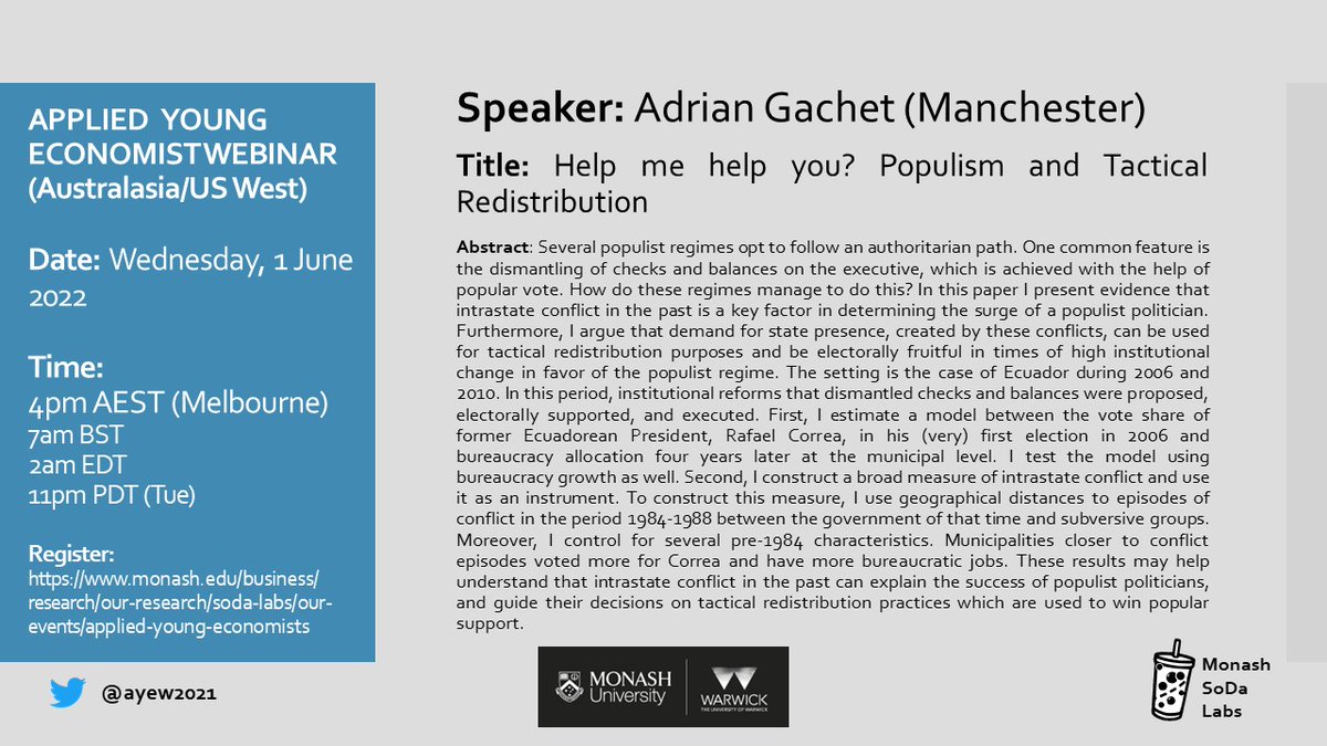 Applied Young Economist Webinar (@ayew2021) on Twitter photo TOMORROW (1 June) on Applied Young Economist Webinar
Join us at 4pm AEST (7am BST) to listen to <a href="/Nichogachet/">Nicholas Gachet</a> (<a href="/ManUniEconomics/">Manchester Economics</a> )
Sign up for Zoom details: monash.edu/business/resea… TOMORROW (1 June) on Applied Young Economist Webinar
Join us at 4pm AEST (7am BST) to listen to <a href="/Nichogachet/">Nicholas Gachet</a> (<a href="/ManUniEconomics/">Manchester Economics</a> )
Sign up for Zoom details: monash.edu/business/resea…