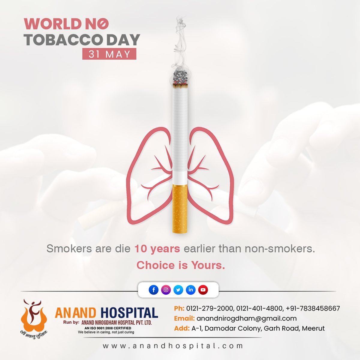 Let's take a pledge to quit tobacco before it takes our lives away.❌🚭

Happy World No Tobacco Day!
.
.
#Anandhospital #tobacco #tobaccofree #notobacco #worldnotobaccoday #nosmoking #quitsmoking #stopsmoking #worldnotabaccoday2022 #meerut