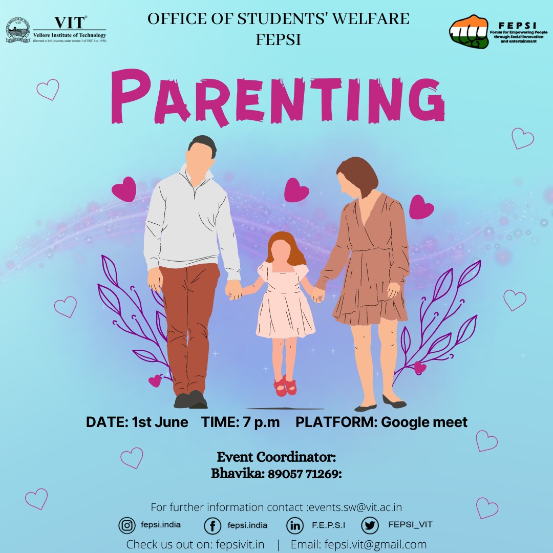 FEPSI_VIT's tweet photo. No matter how far we come, our parents are always in us.
Therefore, in honor of our beloved parents , FEPSI brings you PARENTING -event that  examines how we coordinate through our emotions and make decision during tough life moments. 
Mark your calender on 01-06-2022 at 7:00 p.m https://t.co/Q3isS4uLAZ