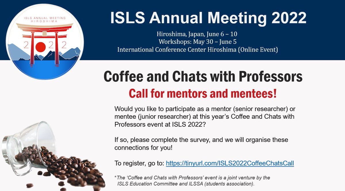 Sakinah_Alhadad's tweet photo. The 'Coffee &amp; Chats with Professors' mentoring sessions are back at #ISLS2022! @ISLS2022
This is a call for mentors &amp; mentees to participate. 

Submit the respective surveys here:
https://t.co/JSqQvvXvF9

*A joint venture by the @ISLSnews Education Committee &amp; @ISLS_ILSSA https://t.co/rQM7GSy8yC