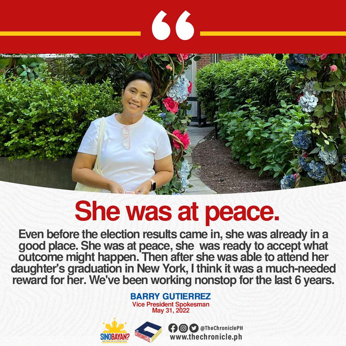 thechronicleph's tweet photo. Ayon sa spokesperson ni Vice President Leni Robredo na si Atty. Barry Gutierrez, bago pa man lumabas ang resulta ng eleksyon, handa na si Robredo na tanggapin ang kalalabasan ng halalan.

#TheChronicle #YourNewsNOW https://t.co/8Z6rWx6C3j