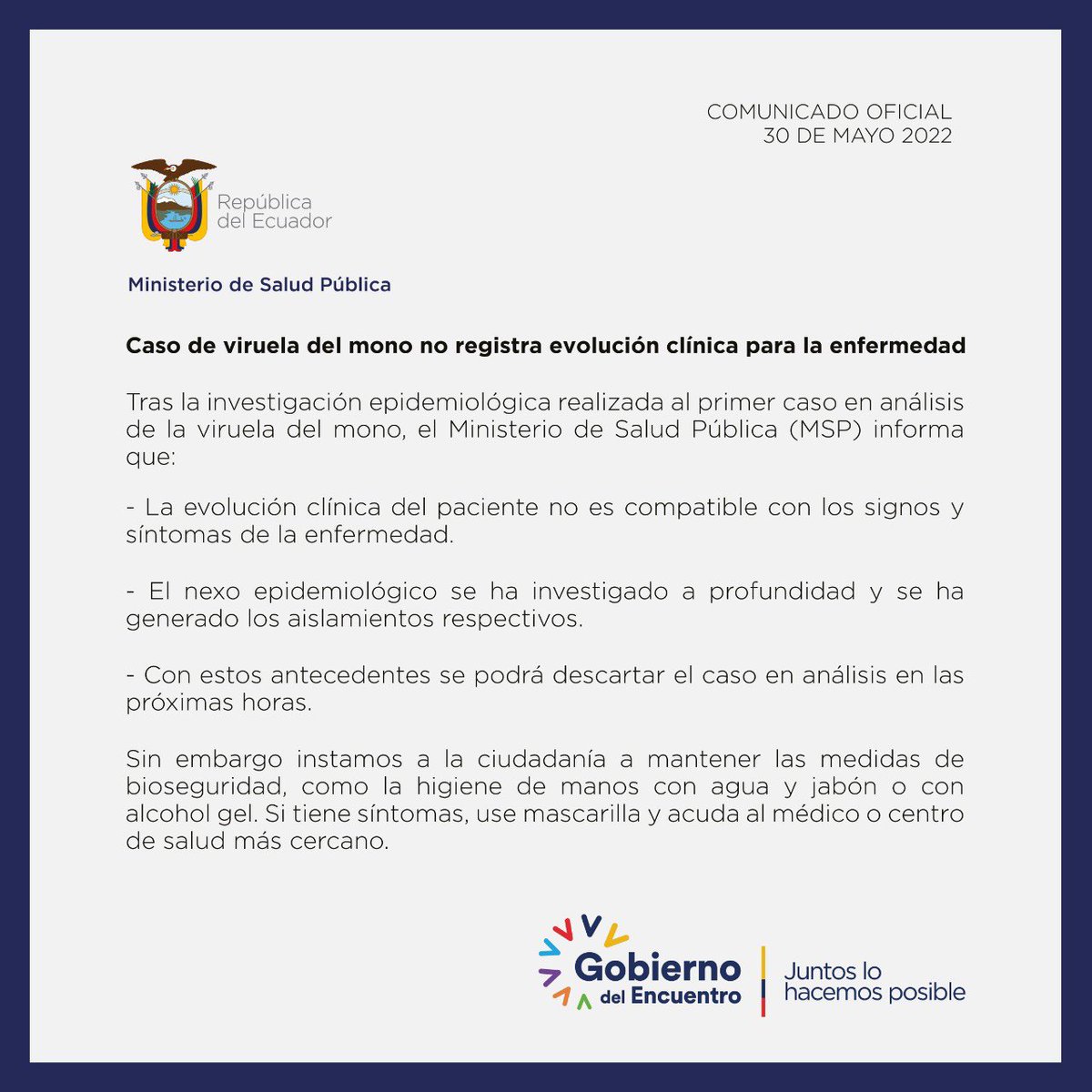 Parece que no es. Sobre el primer caso sospechoso de viruela del mono en Ecuador, correspondiente a un paciente que llegó desde África, la ministra de <a href="/Salud_Ec/">Ministerio de Salud Pública 🇪🇨</a> Ximena Garzón dijo que están por descartarlo porque su evolución no es compatible con los síntomas de la enfermedad.