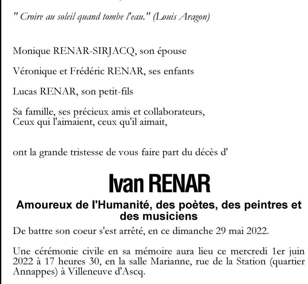 uncle'mo (@mauricedecroix) on Twitter photo La belle et simple nécrologie de l'ancien sénateur Ivan Renar "Amoureux de l'humanité, des poètes, des peintres, des musiciens " <a href="/lavoixdunord/">La Voix du Nord</a> La belle et simple nécrologie de l'ancien sénateur Ivan Renar "Amoureux de l'humanité, des poètes, des peintres, des musiciens " <a href="/lavoixdunord/">La Voix du Nord</a>