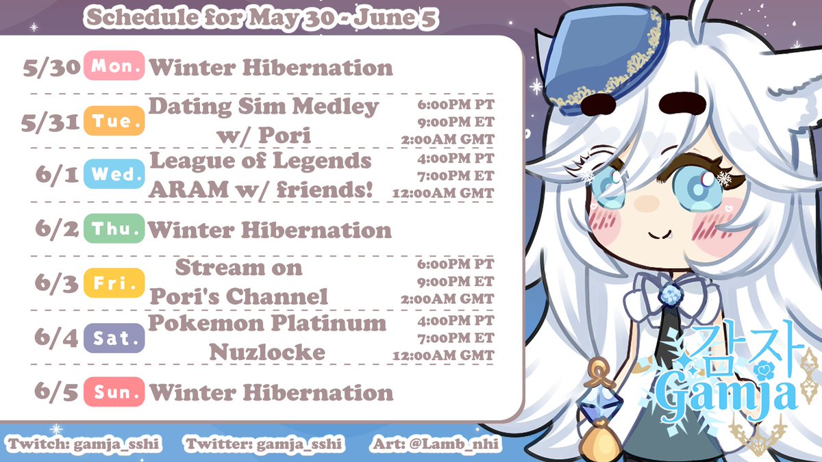 achefloww's tweet photo. ❄️SCHEDULE FOR MAY 30 - JUNE 5❄️

aaaaa sorry for the late upload!! i thought i already posted it ><;;

Live: #GamjaLIVE
Art: #DrawGamja

#ENVtuber #Vtuber #VTuberEN #VTuberUprising https://t.co/S6snUVvXFY