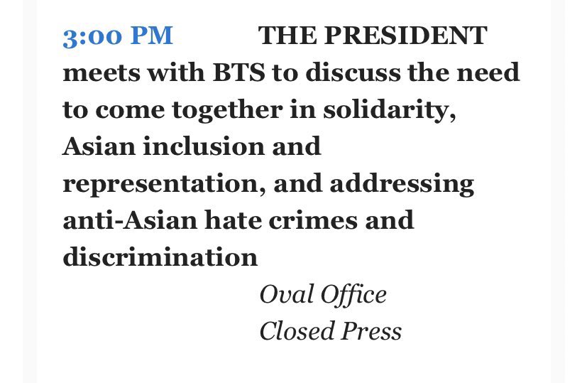 PAUPAURI_'s tweet photo. BTS se reunirá con el presidente Biden en la Oficina Oval de la Casa Blanca este 31 de Mayo a las 3PM EDT.
La prensa está cerrada por lo que no habrá transmisión en vivo.

-Horarios 
01:00 PM 🇧🇿🇨🇷🇬🇹🇳🇮🇭🇳🇸🇻
02:00 PM 🇨🇴🇵🇦🇵🇪🇪🇨🇲🇽
03:00 PM 🇻🇪🇵🇷🇩🇴🇧🇴 🇨🇱🇵🇾🇨🇺
04:00 PM 🇧🇷🇺🇾🇦🇷
09:00 PM  🇪🇸 https://t.co/Scxl9evLt1