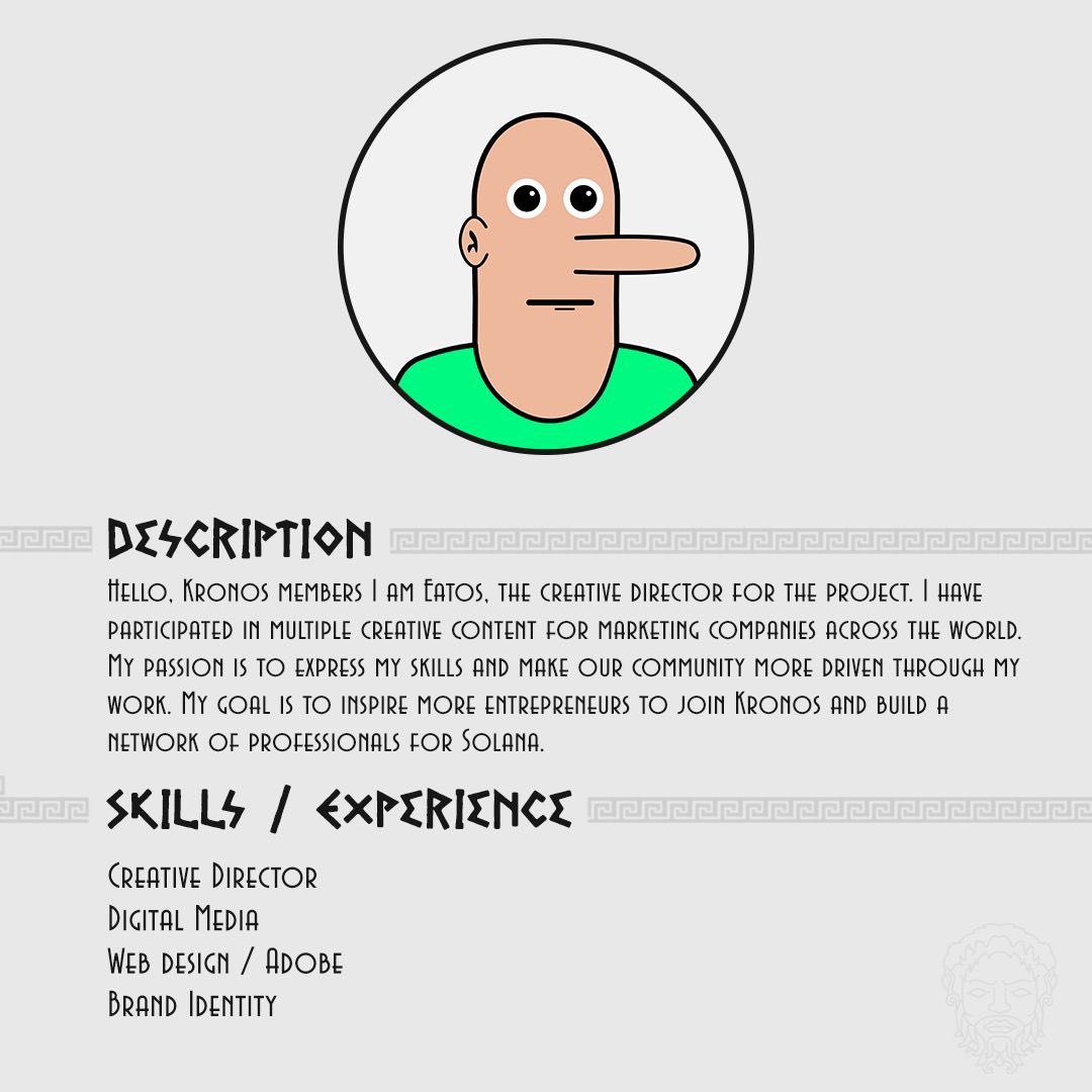kronoscrewclub's tweet photo. Introducing - @Eaetos our creative director. A passionate entrepreneur, expanding his business mindset through cryptocurrency. Ask him any questions in the comments down below! 

#nfts #NFTProject #solana https://t.co/ca2WtjGnxm