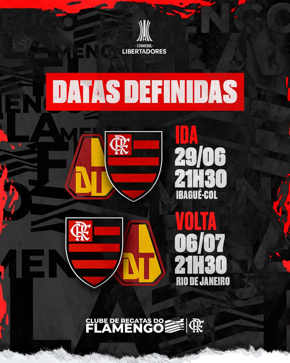 Flamengo's tweet photo. O MENGÃO encara o Tolima (COL), pelas oitavas de final da @libertadoresbr, nos dias 29 de junho e 6 de julho. Pra cima! 💪❤️🖤

#CRF #VamosFlamengo https://t.co/stzLA8oYmY
