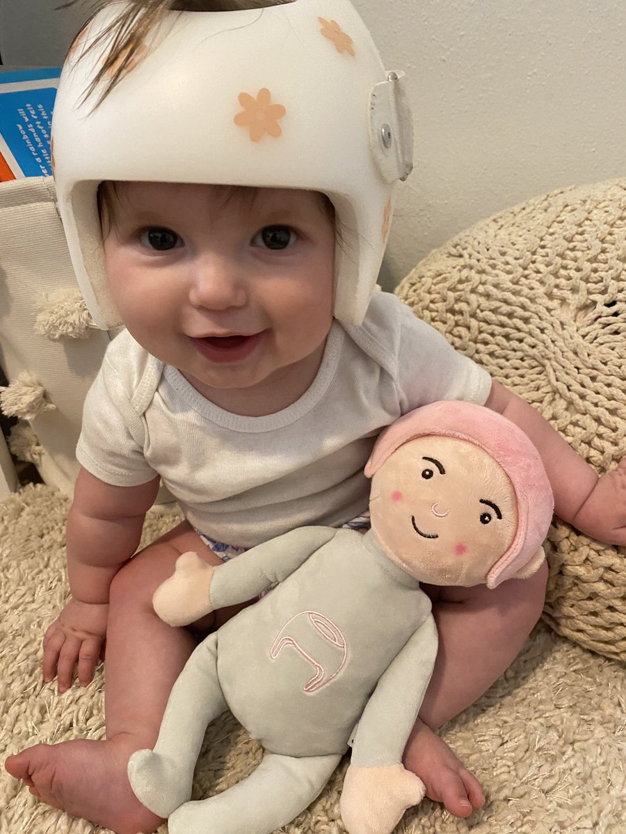 Mrs__Stephan's tweet photo. Nora now has a little helmet pal. So proud of how well our little girl has adjusted to wearing her helmet. 💛 https://t.co/C8EysI6irX
