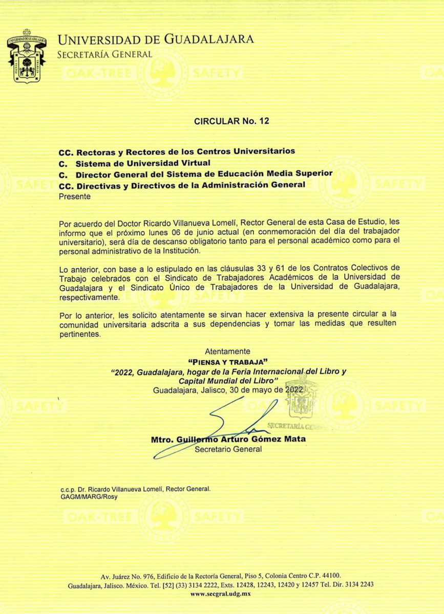 CesarBarbaD's tweet photo. ¡Buen día! Les comparto la circular 12 dirigida a la comunidad universitaria, el próximo lunes 6 de junio será de descanso obligatorio https://t.co/xEirnrBs9O