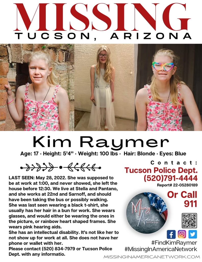 Chloe_DXM's tweet photo. #KimRaymer was last seen May 28th leaving for work. She should have been walking or taking the bus. Kim had an intellectual disability, has link hearing aids and wears pink glasses . #TusconArizona https://t.co/EAAuR6aHPC