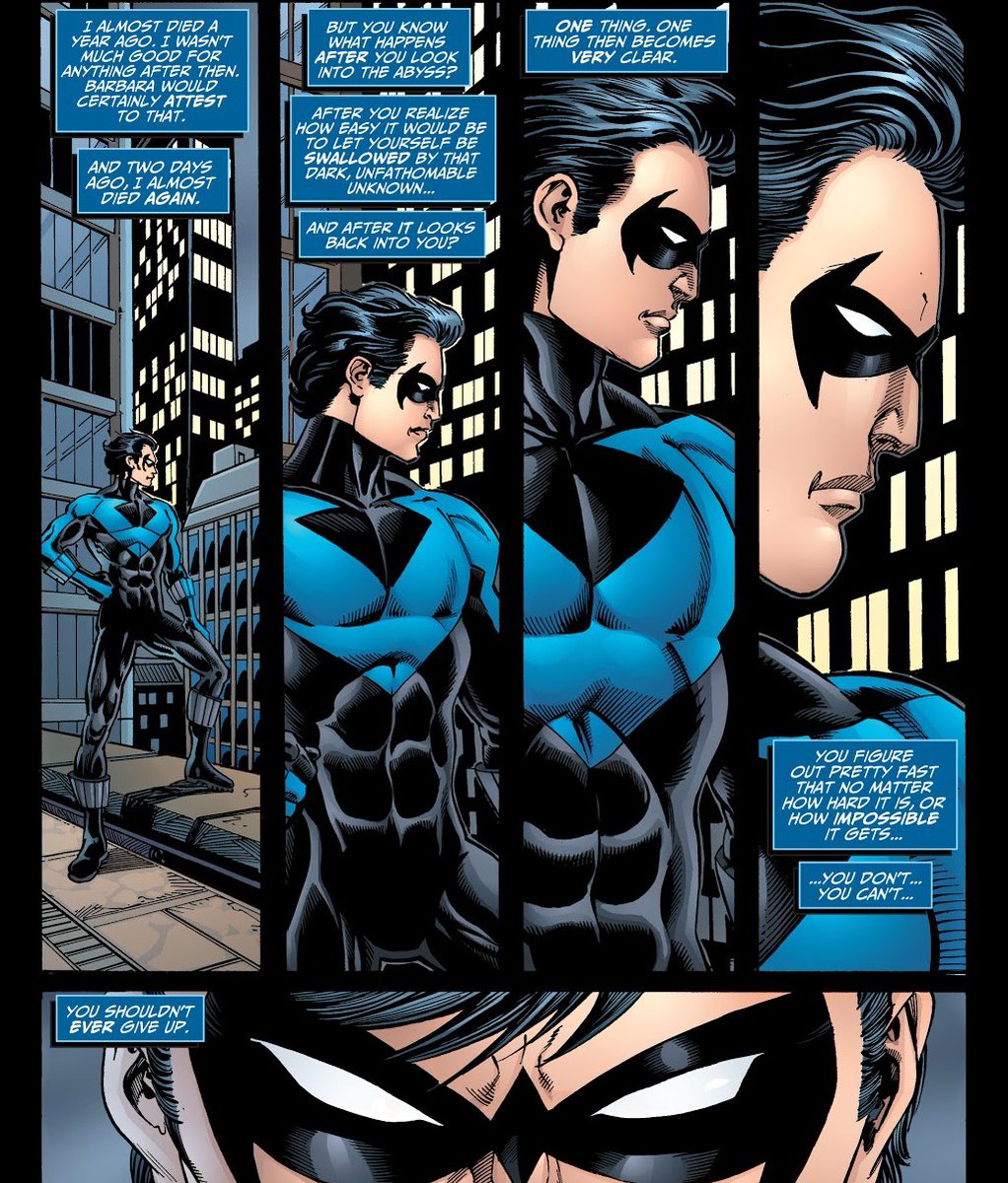comicaloddity's tweet photo. Nightwing is so many things. He's a safety net, driven to catch everyone. He's a friend to all who need one, always ready to support others. But he's also a human who is bound to make mistakes while battling his inner demons. He always comes out on the other side of the darkness https://t.co/IQOpYawAz1