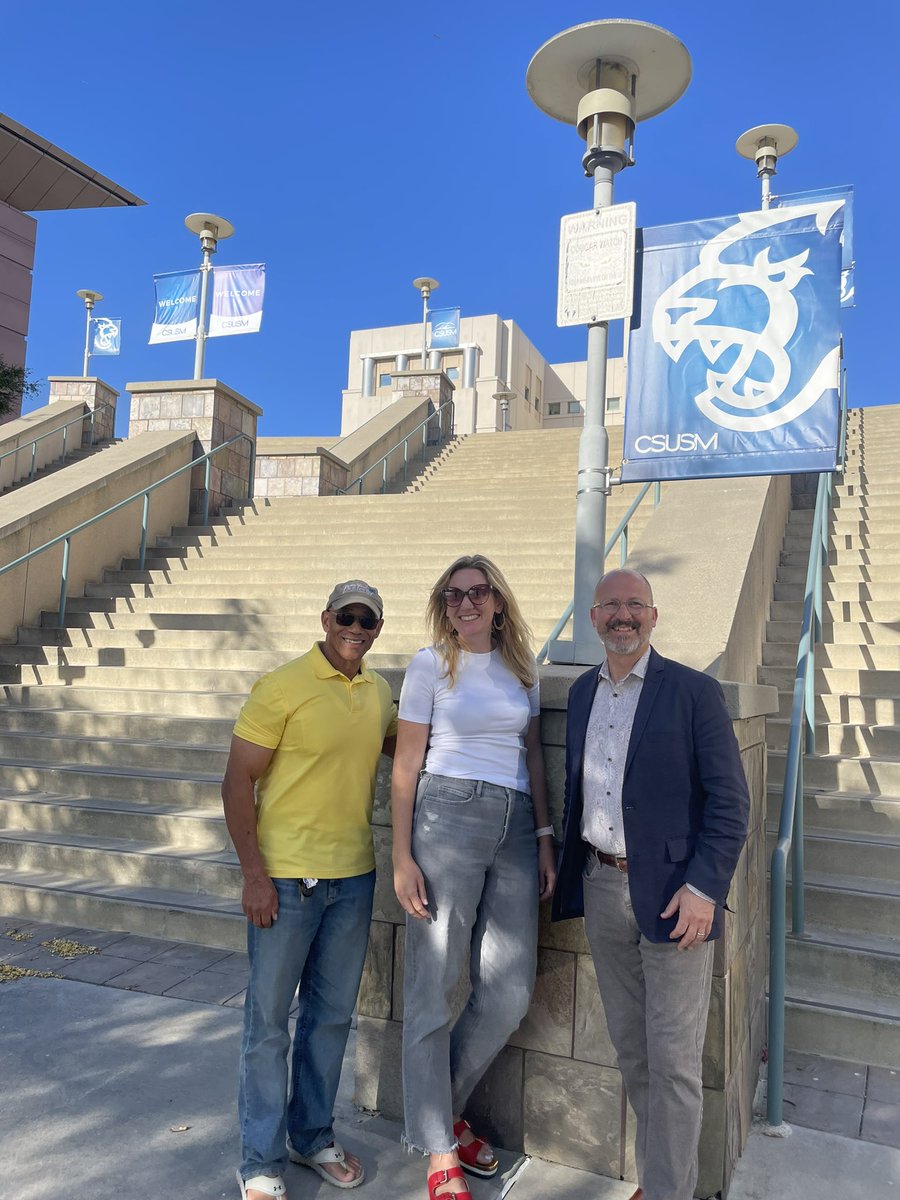 CalStateCISO's tweet photo. Warm @CSUSM welcome on the #csutour from Provost Karl Kemnitz, VP Business Finance Leon Wyden and Chief Communications Officer Margaret Chantung!! President @EllenNeufeldt and her team truly bring “The Power of CSUM” to student success! Follow and donate: https://t.co/pIHn7LC4k2 https://t.co/9dUbkdd2Rq