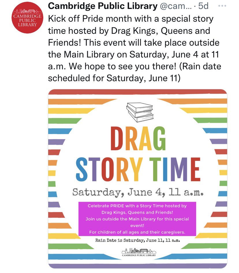 Libraries in Cambridge, MA, Chicago, Amesbury, MA, and Davenport, IA are all holding drag queen events for kids. These libraries are all publicly funded.