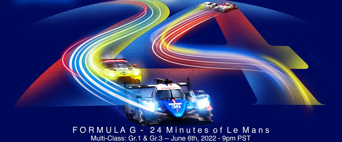 FormulaGRacing's tweet image. Formula G Presents - 24 Minutes of Le Mans! 

Taking place June 6th @ 9PM PST! We will be having multi-class featuring Gr1. &amp;amp; Gr.3 cars.

Please register at the link below:
bit.ly/3M0IKWq